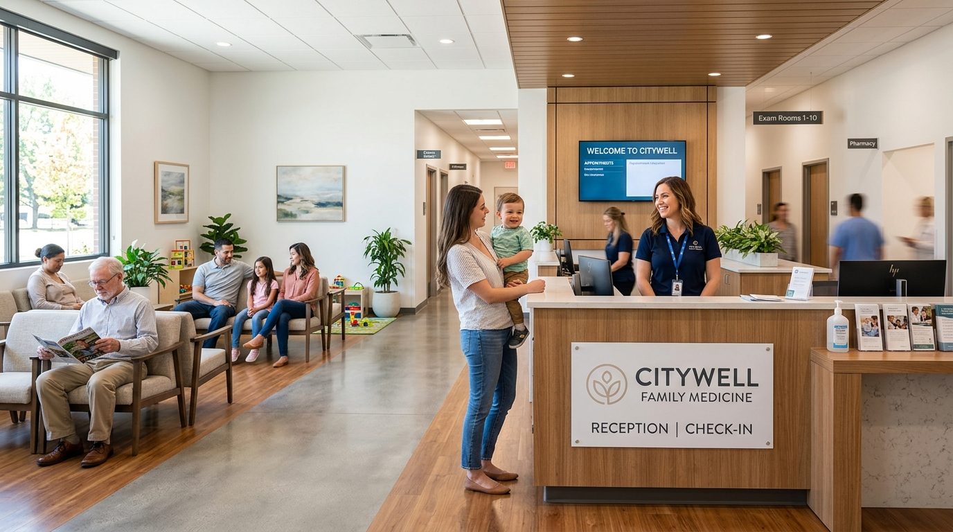 A Northstar Family Medicine provider consulting warmly with a patient in a modern exam room.