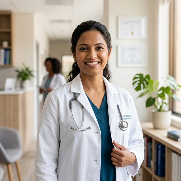 Portrait of Dr. Sarah Mitchell, a fictional family medicine physician at Northstar Family Medicine.